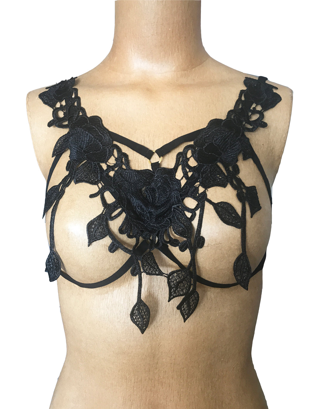Black Rose Floral Cage Harness Top