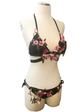Pink & black floral harness swimsuit bikini