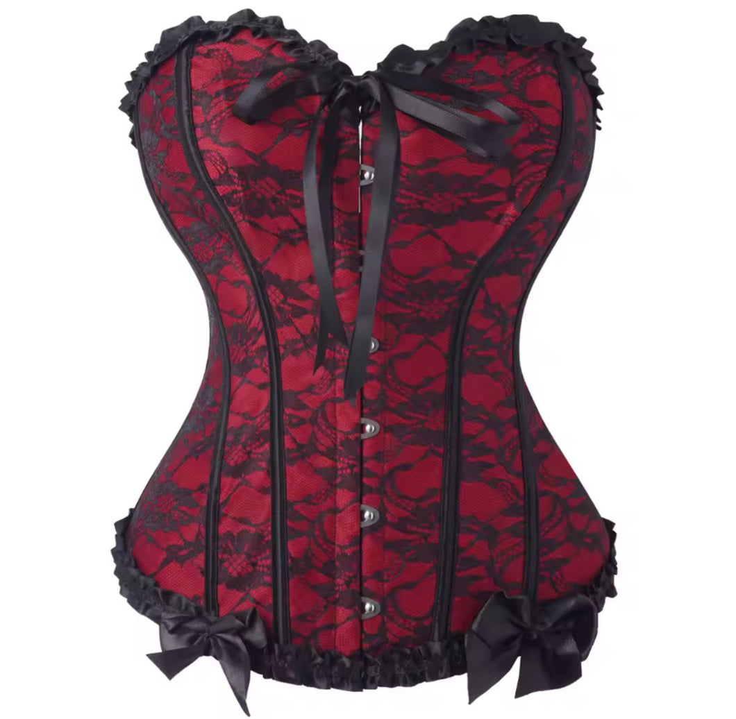 Black and red lace over bust corset top