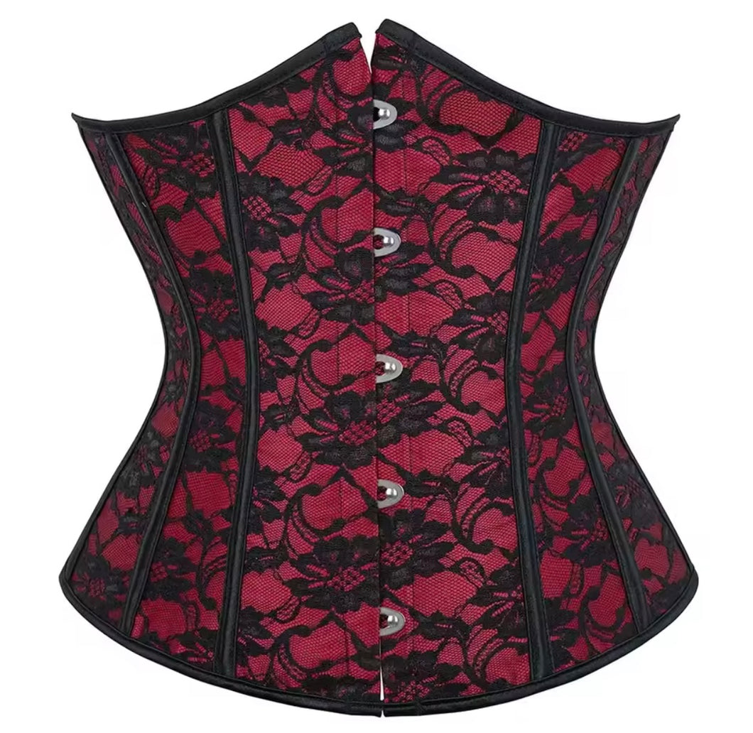 Black and red lace underbust corset top