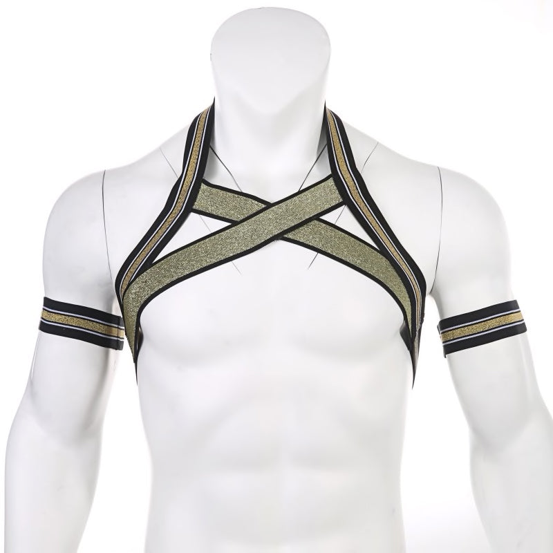 Mens Gold Bondage Stretch Harness Bra Goth Fetish Gold Harness Top