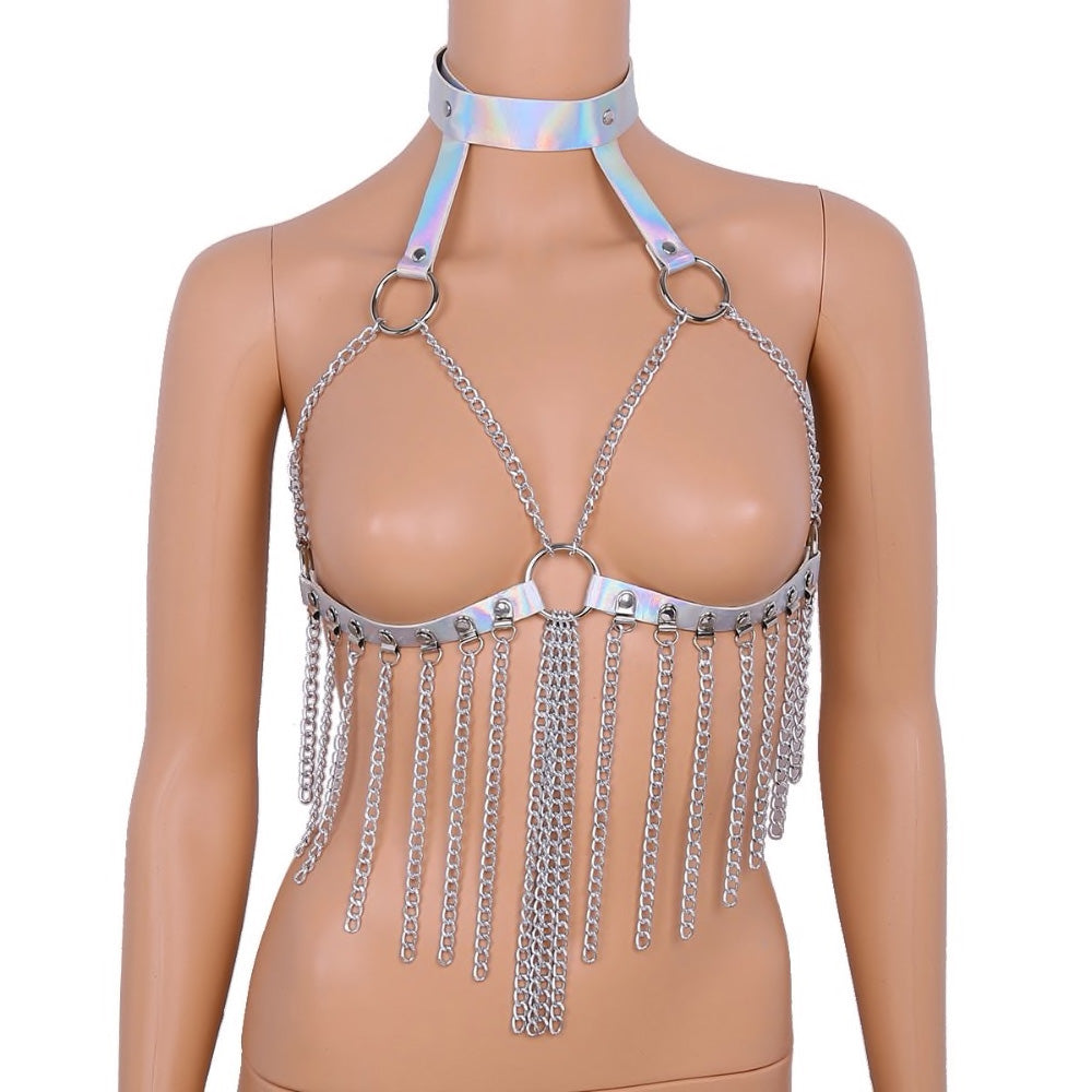 Silver Dripping chain Holographic Bondage Harness Bra