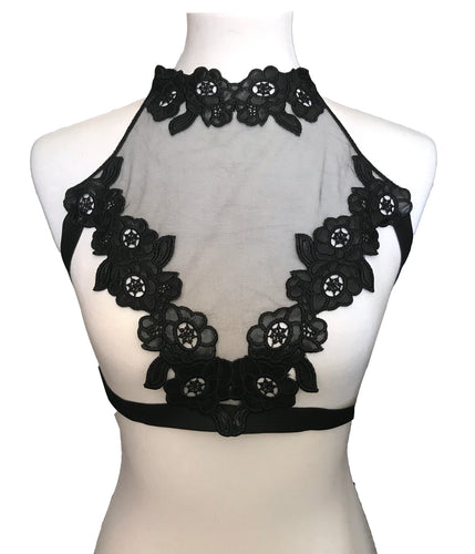 Sheer Lace Black Floral Harness Top