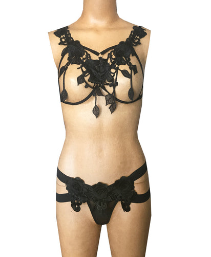 Black Rose Floral Cage Harness Top & Bottom Set