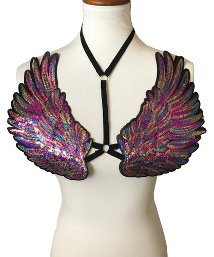 Dark Rainbow Sequin Angel Wings Sparkle Cage Harness Top Festival Fashion