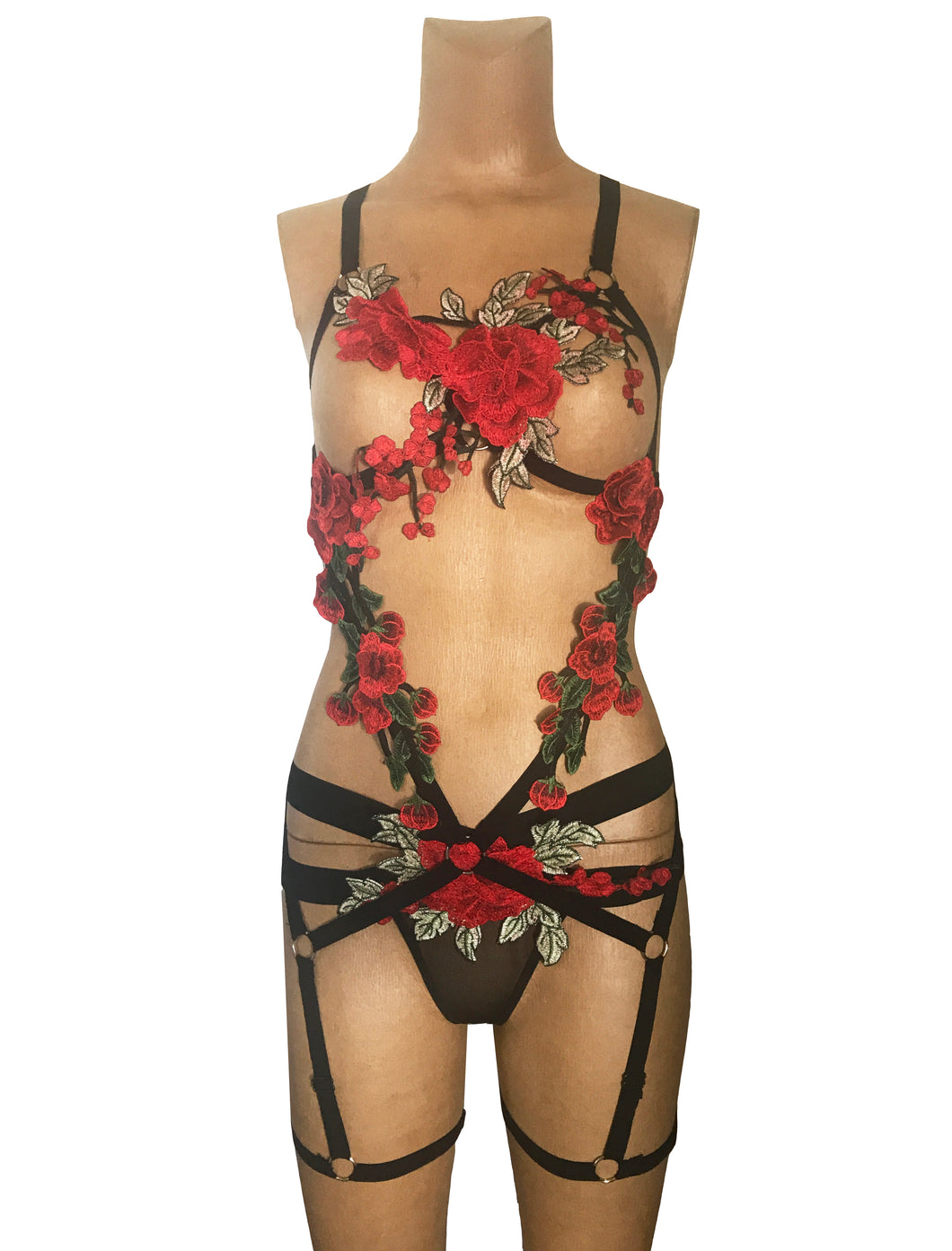 Full Body Red Rose Floral Body Harness and Thong set