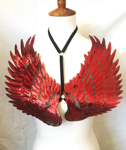 Red Sequin Angel Wings Sparkle Cage Harness Top