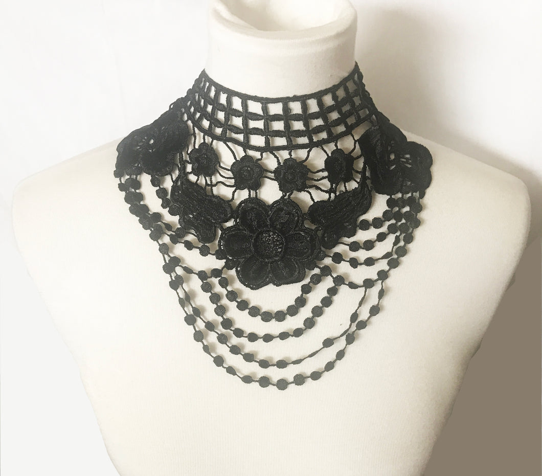 Gothic Black Floral Lace collar necklace