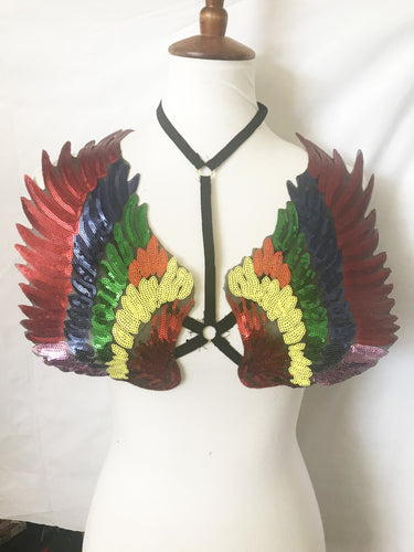 Rainbow Pride Sequin Angel Wings Sparkle Gay Pride Cage Harness Top