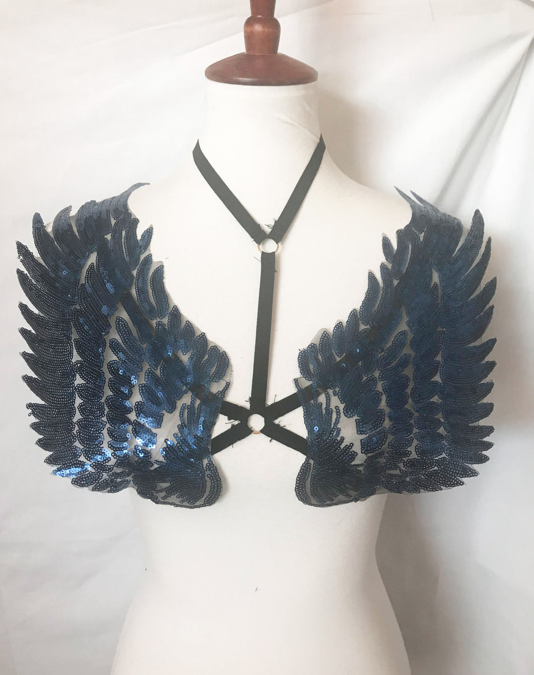 Blue Sequin Angel Wings Sparkle Cage Harness Top