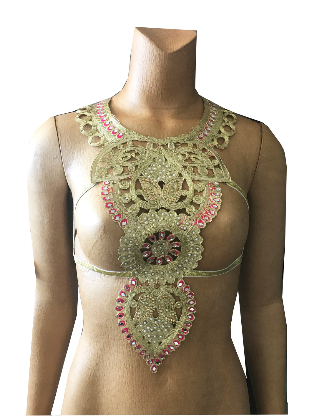 India Embroidered Gold Harness Bra Top with pink accents