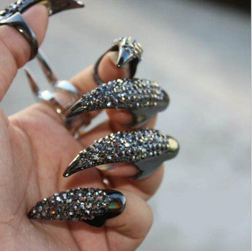 Rhinestone Gothic Claw Talon Ring Set Black