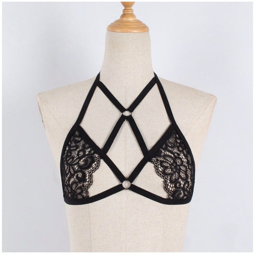 X Black Lace Harness Cage Bra Goth Fetish Lingerie