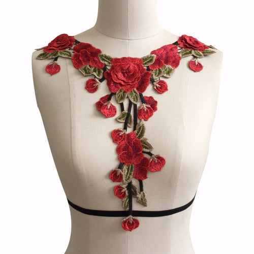 Dripping Red Roses Floral Lace Harness Cage Bra Lingerie