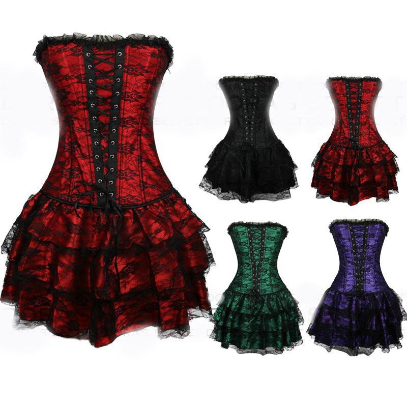 Fashion Women Vintage Floral Corset Top Gothic Satin Overbust Burlesque  Body-2340black Red