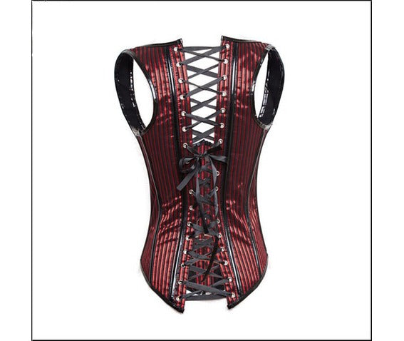 Red Stripe Gothic Goth Lace up Boned Steampunk Overbust Corset Top