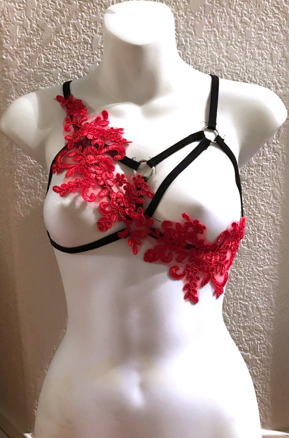 Ruby Red and Black Lace Cage Harness Top