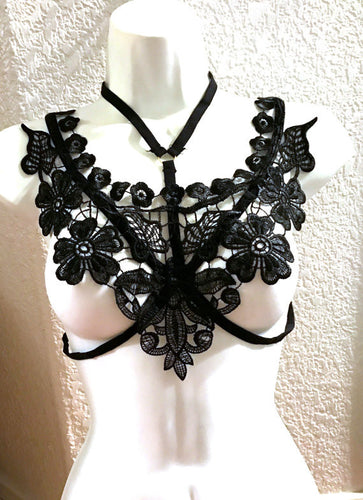 Black Garden Flower Cage Harness Top