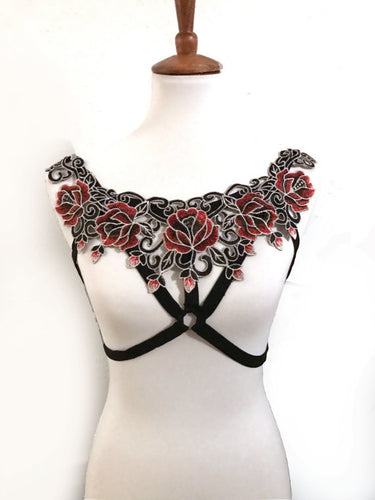 Rose Tattoo Embroidered Cage Harness Top