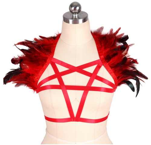 Red Pentagram Feather Cage Harness Top