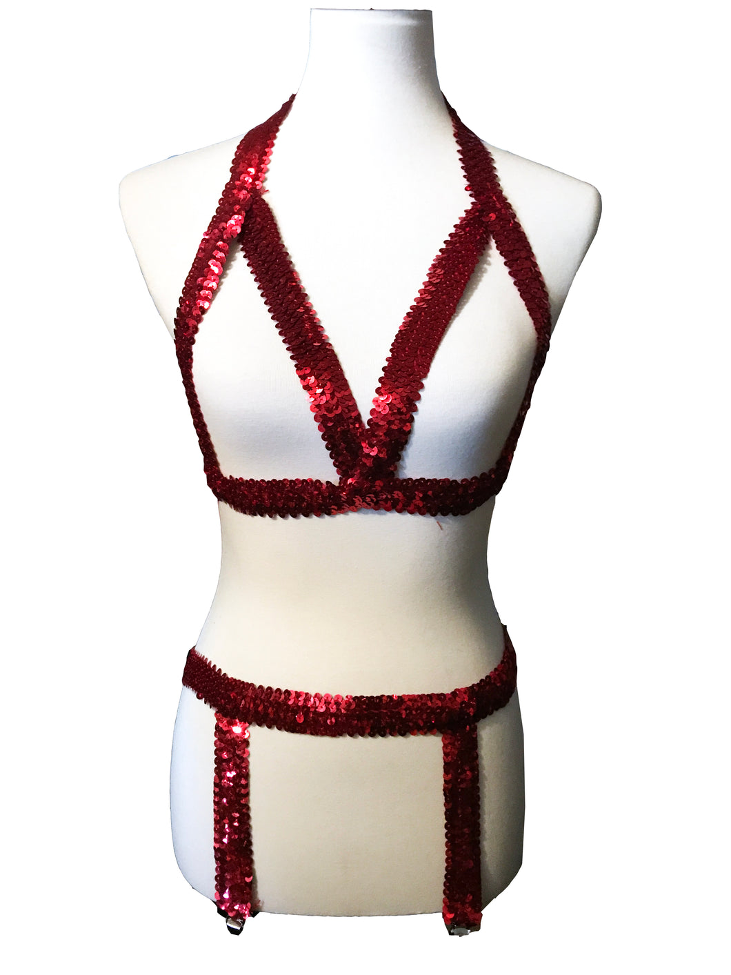 Red sequin harness bra top