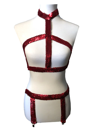 Burlesque Red sequin harness top