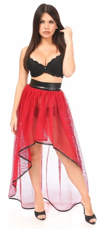 Red Fishnet & Faux Leather Hi Low Skirt